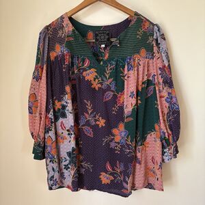 Johnny Was Jade Silk Blouse Jewel Button Neck Dark Floral Boho Top Size Small